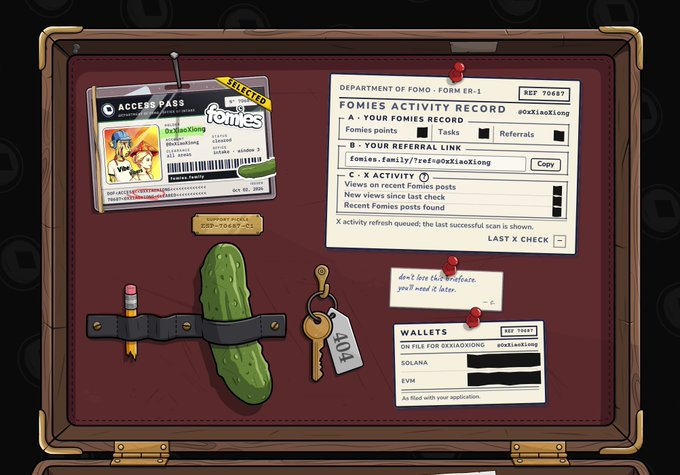 A pixel art illustration showing a bulletin board with an 'ACCESS PASS' for the 'FOMIES ACTIVITY RECORD' under the username 'OxXiaoXiong', complete with a pickle, key, and document titled 'WALLETS'.