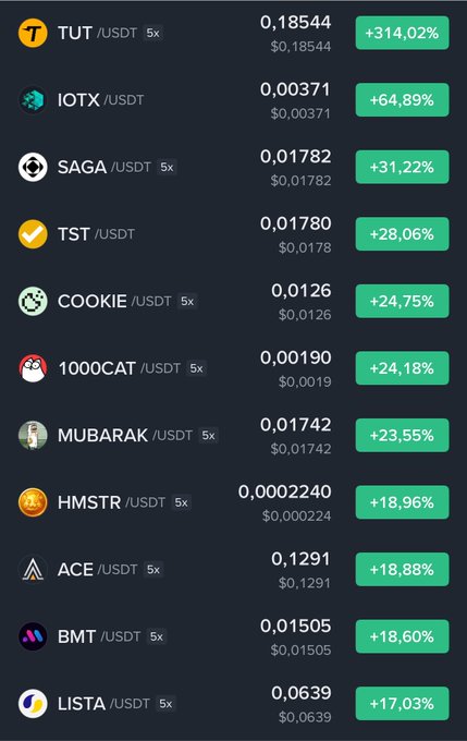 Cryptocurrency trading list showing token/USDT pairs with green percentage gains, including TUT (+314.02%), IOTX (+64.89%), SAGA (+31.22%), TST (+28.06%), COOKIE (+24.75%), 1000CAT (+24.18%), MUBARAK (+23.55%), HMSTR (+18.96%), ACE (+18.88%), BMT (+18.60%), and LISTA (+17.03%).