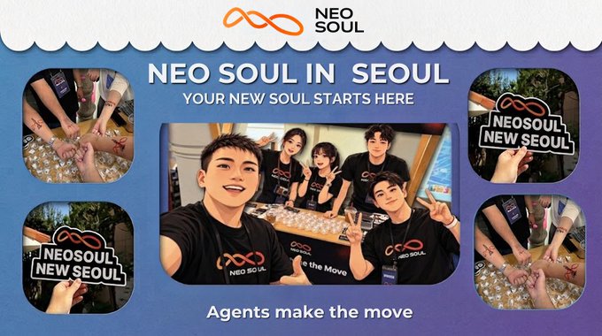 A promotional collage for 'NEO SOUL' titled 'NEO SOUL IN SEOUL' with the tagline 'Agents make the move', featuring multiple photos of young people in branded black t-shirts.