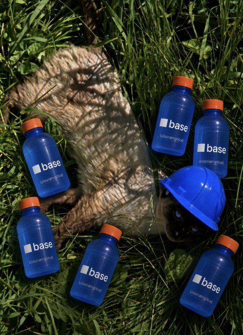 Several blue bottles labeled 'base luxuriamgölös' are arranged on grass around a fluffy cat wearing a small blue hard hat.