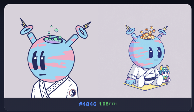 Two cartoon illustrations of a blue character with pink stripes and a yin-yang symbol on its robe; one stands with an open head showing green bubbles, while the other sits meditating with coins, priced at '#4846 1.08ETH'.
