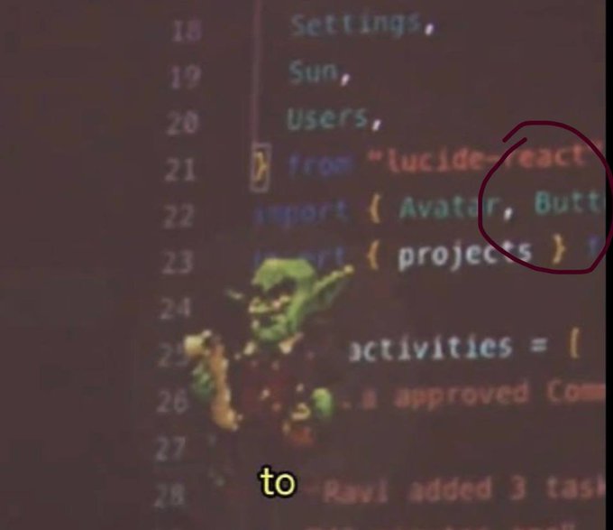 A close-up of a screen showing lines of code has the word "react" circled in red marker on line 21, with a small image of a green goblin creature overlaid on the text.