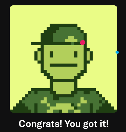A pixel art illustration of a smiling soldier wearing a green cap and camouflage, with the text 'Congrats! You got it!' at the bottom.