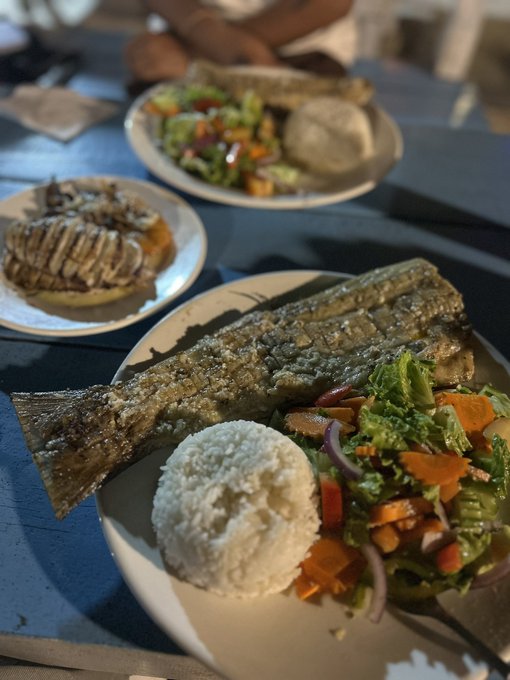 Three plates of food on a dark table, including whole fried fish served with mounds of white rice and fresh salads with tomatoes and red onions.