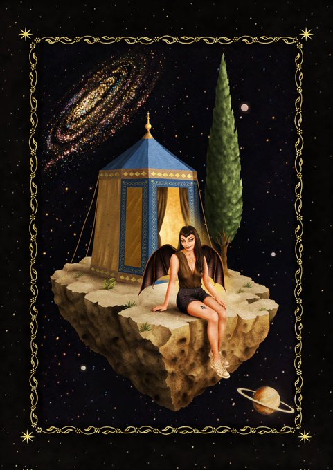The image features an illustration of a woman sitting on a rock, with a tent-like structure nearby. The woman appears to be wearing a black dress and has a tattoo on her arm. The background of the image depicts a night sky filled with stars and planets, creating a sense of depth and space. The post is titled "GM/GN Here is my new edition on @TransientLabs Away from the Noise! She is the queen of a floating island... 5 ED".