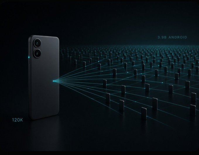 A smartphone displays a "120K" tracker alongside a glowing grid of "3.9B ANDROID" devices, visually representing the massive addressable market for Solana Mobile's Seeker expansion beyond its current ~397K X followers to billions of Android users worldwide.