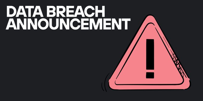 A bold "DATA BREACH ANNOUNCEMENT" graphic featuring a pink warning triangle with an exclamation mark against a black background, visually emphasizing the alert about Trezor hardware wallet users whose personal information was exposed through a shipping-provider breach.
