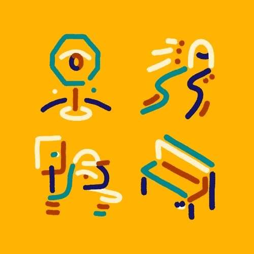 Set of four abstract, minimalist line-art icons in teal, white, brown, and dark blue on an orange background, depicting an eye/face, a figure in motion, a profile face, and an eye shape.