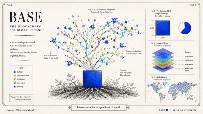 Infographic titled 'BASE: THE BLOCKCHAIN FOR GLOBAL FINANCE' showing a decentralized ecosystem with a blue cube tree growing from roots, created by hiwhitx, featuring sections on the Base Network, building blocks, and global reach.