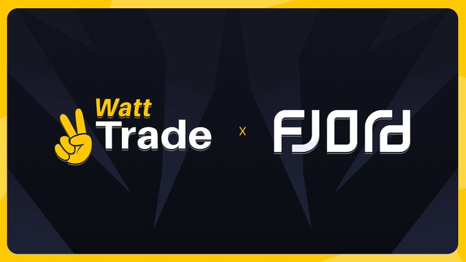 A promotional graphic featuring the logos for "Watt Trade" and "FJORD" with an "x" between them, set against a dark background with yellow accents.