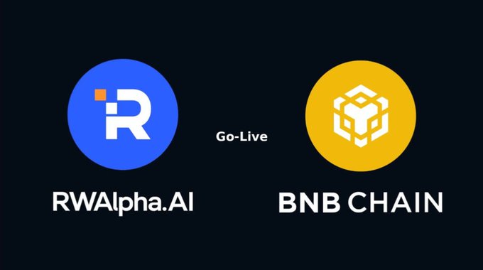 The image features two logos for RWA and BNB Chain against each other. The RWA logo is in a blue circle with the words "RWA" in white letters, while the BNB chain logo is depicted as an AI agent within a yellow square surrounded by a cube. These logos are associated with the post "I'm betting big on two sectors on @BNBCHAIN - AI agents and RWA. And @RWAlpha_AI just stepped in at the right time. RW Alpha AI brings a fresh approach to on-chain finance: - access to 700b USD income-focused ETFs from Nasdaq - 12% annual yield, paid weekly in UST". The colors used for each logo are distinct and easily distinguishable.