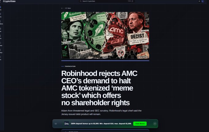 A CryptoSlate news article with the headline "Robinhood rejects AMC CEO's demand to halt AMC tokenized 'meme stock' which offers no shareholder rights."