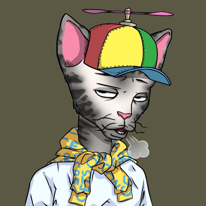A digital illustration of a cat-like character wearing a colorful propeller hat, a yellow patterned scarf, and a white shirt while exhaling a puff of smoke.