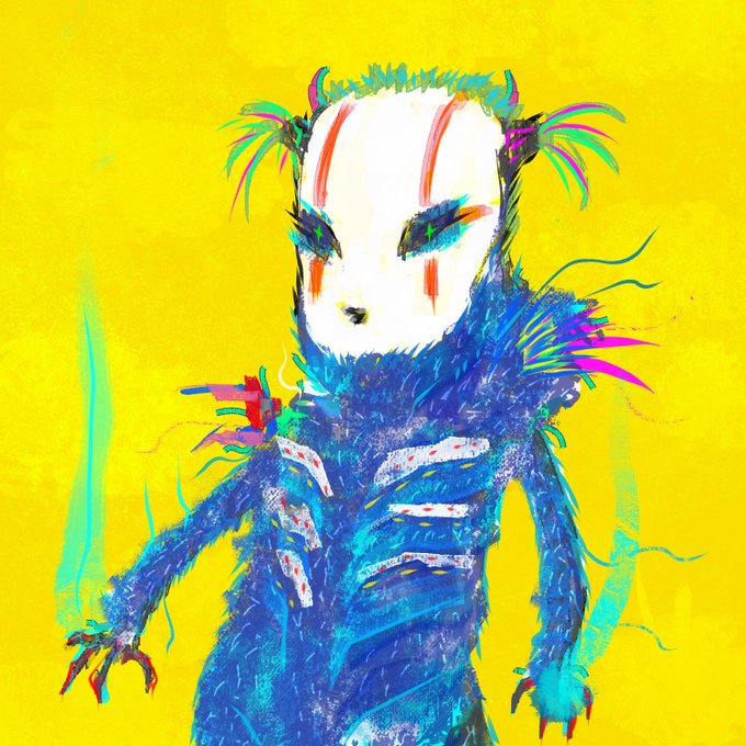 A vibrant, stylized digital illustration depicts a creature with a white fox-like mask, striking red eye markings, and a blue furry body, set against a bold yellow background with neon-colored accents.