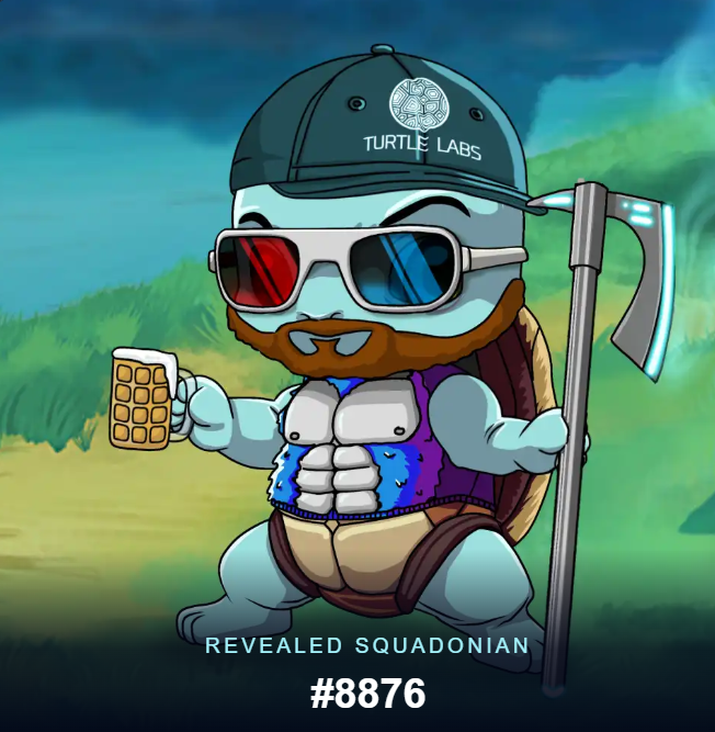 A cartoon NFT-style character called 'Squadonian #8876' featuring a muscular anthropomorphic turtle/tortoise wearing 3D sunglasses, a 'Turtle Labs' cap, holding a phone and scythe.