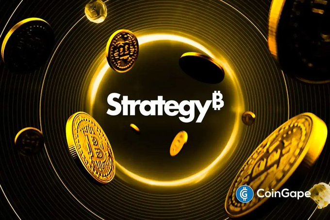 The image features a large circle filled with gold coins, which are scattered throughout the frame. The phrase "Strategy" is written above this central circle of coins. The text also mentions that Strategy's structure shares similarities with the feedback loop that accelerated Terra-Luna's collapse. This comparison suggests that there might be a connection between the strategy and the cryptocurrency market crash.