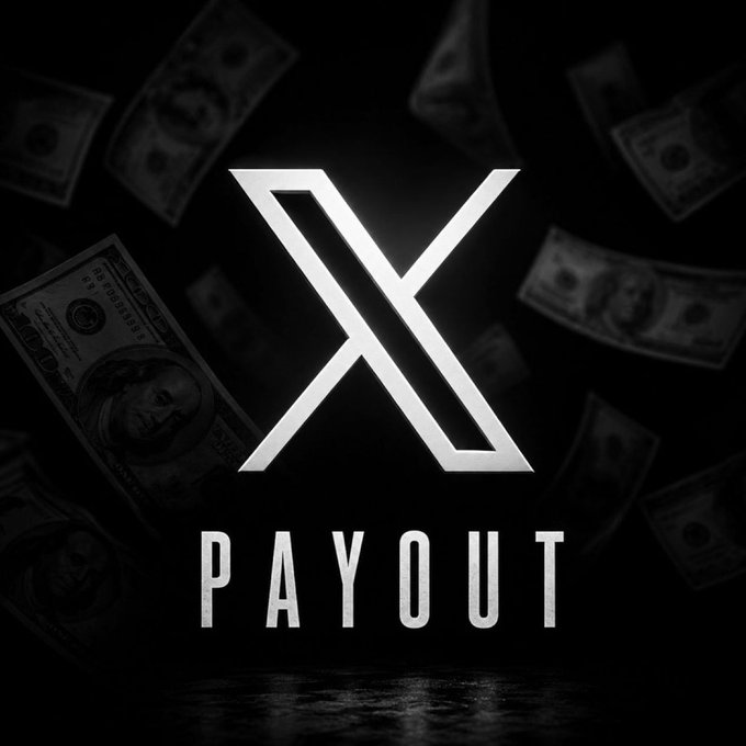 The image features a stylized "𝕏" logo with the word "PAYOUT" beneath it, set against a dark background of floating dollar bills. It visually represents 𝕏's new creator revenue share payments, with the money imagery emphasizing the financial rewards being distributed to creators.