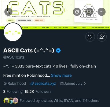 Twitter/X profile for ASCII Cats (@ASCIcats_), a fully on-chain project featuring 3,333 pure-text cats with 9 lives, hosted on Robinhood, with 15.2K followers and free mint available.