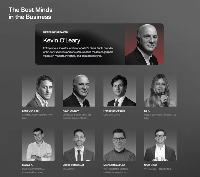 A webpage titled 'The Best Minds in the Business' featuring Kevin O'Leary as the headline speaker, along with a grid of speakers including Emin Gün Sirer, Kevin O'Leary, Francesco Abbate, Liz A., Matias A., Carlos Betancourt, Michael Blaugrund, and Chris Blivin.