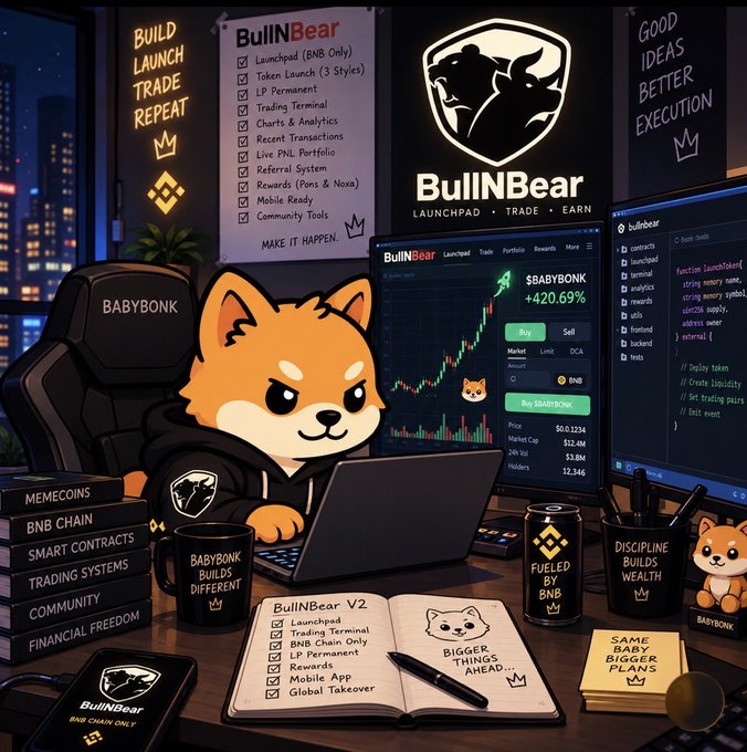 A cartoon illustration of a Shiba Inu dog working at a desk with the 'BullNBear' logo, trading charts, and books titled 'MEMECOINS', 'BNB CHAIN', and 'SMART CONTRACTS'.