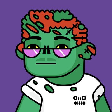 A cartoon illustration of a green-skinned zombie-like character with curly red hair, wearing pink-tinted sunglasses and a white t-shirt with a small face design, set against a purple background.