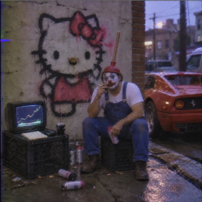An artistic image of a clown in overalls with a plunger on his head, sitting on crates next to spray cans, beside a Hello Kitty graffiti on a wall and an orange sports car.