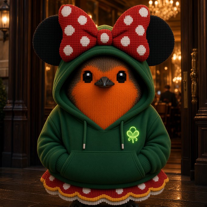 3D-rendered illustration of a robin wearing a green hoodie with a Minnie Mouse-style red polka-dot bow and ears, standing in an ornately decorated indoor setting.