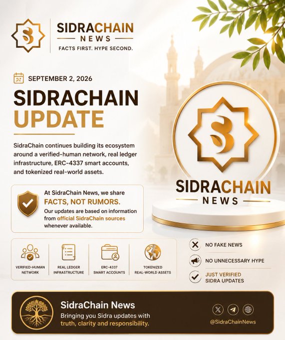 A promotional graphic dated September 2, 2026, announcing a "SidraChain Update" that highlights the project's focus on a verified-human network, real ledger infrastructure, ERC-4337 smart accounts, and tokenized real-world assets, with the tagline "Facts First. Hype Second." reinforcing the post's emphasis on sharing verified, fact-based SidraChain updates rather than rumors.