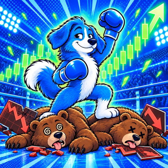 A vibrant cartoon illustration depicts a triumphant blue dog wearing boxing gloves and standing victorious atop defeated brown bears in a boxing ring, with green candlestick charts and a rising arrow in the background symbolizing a bull market.