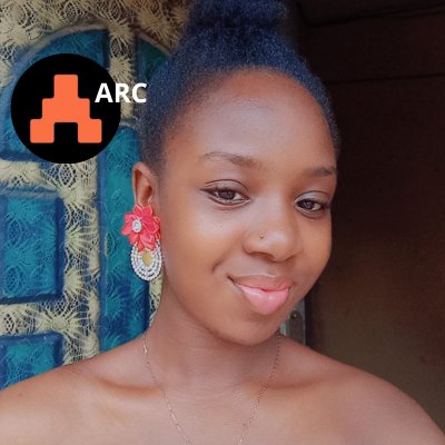 A smiling selfie of a woman with short hair wearing red floral earrings, with the ARC (Arc browser) logo overlaid on the image.