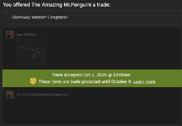 A Steam trade offer screenshot showing a successful trade with 'The Amazing Mr.Penguini', where the sender offered a giveaway item, accepted on Oct 2, 2026 at 10:09am, with trade protection until October 9.