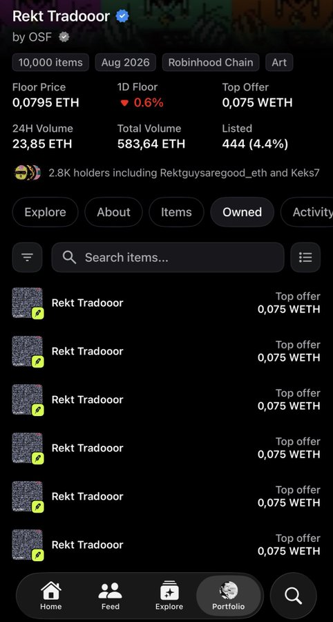 A mobile screenshot of an NFT collection page on OpenSea for 'Rekt Tradooor' by OSF, showing stats like a '0,0795 ETH' floor price, '23,85 ETH' 24H volume, and a list of 'Rekt Tradooor' items priced at '0,075 WETH'.
