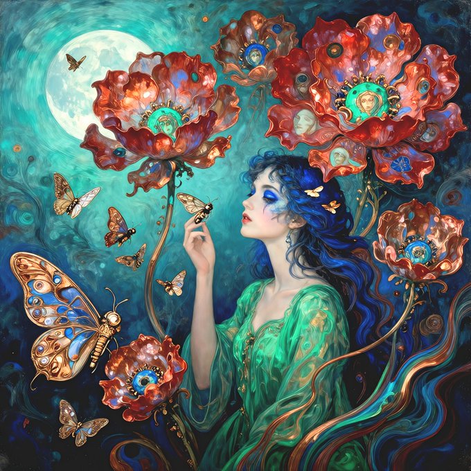 A mystical painting of a blue-haired woman in a green dress surrounded by large red poppy flowers containing miniature faces, with golden butterflies and a glowing moon in the background.