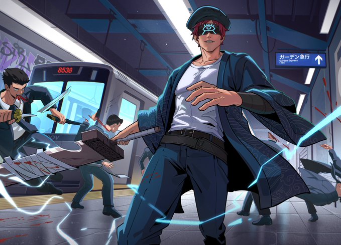 ikebana artist creates a dynamic scene of a subway station, featuring a man in a blue coat and hat with a sword, surrounded by other characters on the platform.