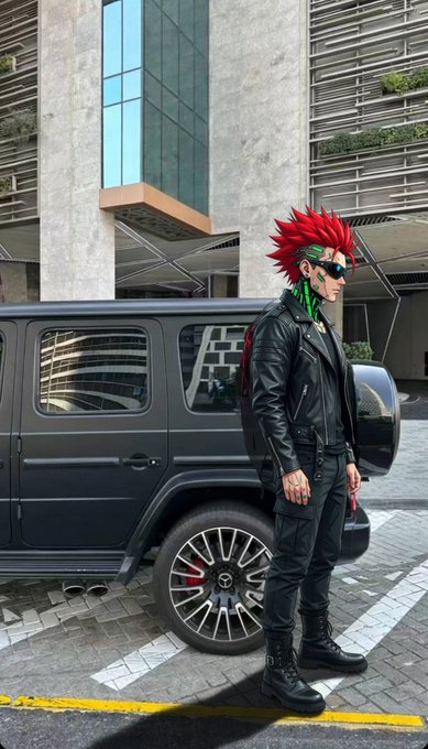 A cosplayer with spiky red hair, a green mohawk, and an eye patch stands in a black leather jacket beside a matte black SUV. The image adds a bold, edgy visual flair to the post, which discusses NomismaNetwork's AI-powered DeFi expansion and QuipNetwork's focus on post-quantum security in the web3 space.