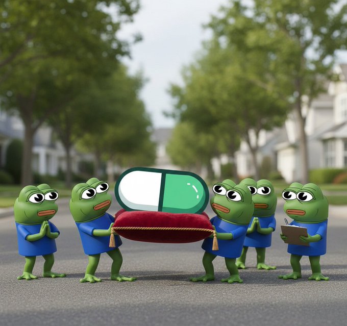 A group of Pepe the Frog characters in blue shirts solemnly carry a red velvet pillow displaying a green pill capsule in a suburban street, with one holding a clipboard—symbolizing the "strong fundamentals" and ceremonial launch of the $pumpfun_pepe ecosystem milestones like the DEX and marketplace, along with the new partnership with @PatriotsSolana.