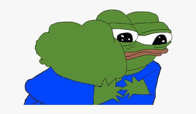 A cartoon illustration of the 'sad Pepe the Frog' meme character hugging himself with a melancholic expression, set against a plain white background.
