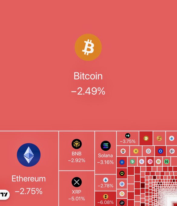 A cryptocurrency market heatmap displays Bitcoin down -2.49%, Ethereum -2.75%, BNB -2.92%, Solana -3.16%, XRP -5.01%, and other altcoins with losses between -2.78% and -6.08%, illustrating the modest market dip referenced in the post advising against panic over minor corrections.