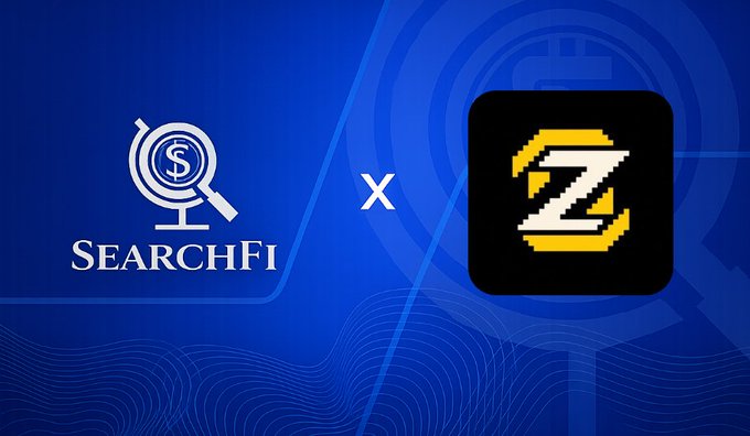 A blue promotional banner showing a partnership or collaboration between SearchFi and a yellow 'Z' coin logo, with a search globe icon on the left.