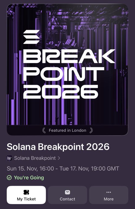 The image shows details for the Solana Breakpoint 2026 event in London, scheduled for November 15-17. The post implies attendance and excitement for this upcoming event.