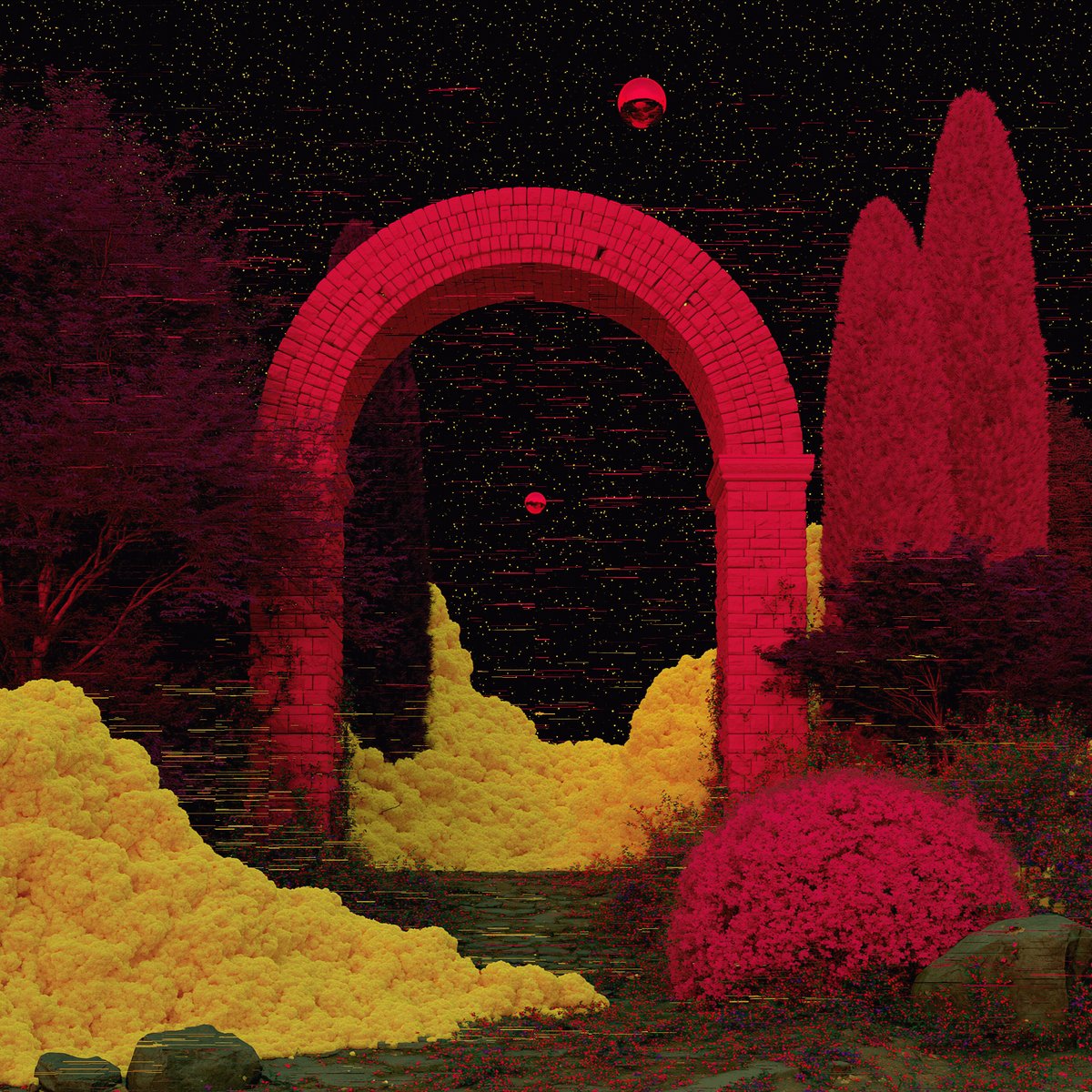 The image features a red brick archway with yellow flowers surrounding it, set against a black background speckled with stars. The archway appears to be made of bricks or stones, giving it an old-world charm. The flowers are scattered around the archway and on either side, adding a touch of color and life to the scene. The image is accompanied by a caption that reads " "[1/1] 66XTZ objkt.com/tokens/KT1UosA ...". This suggests that the image might be related to an art project or a creative piece, possibly aiming to evoke emotions or provoke thoughts in the viewer.