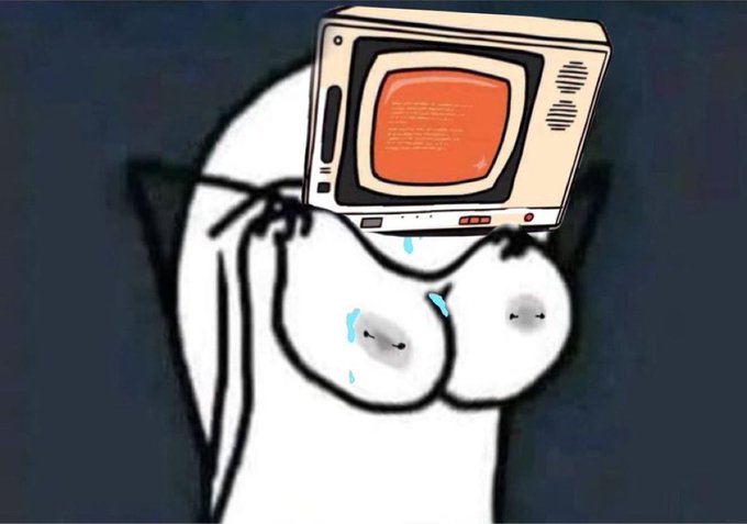A cartoonish figure with a vintage computer monitor for a head and exposed breasts weeps with a sullen expression, humorously visualizing the emotional despair of holding the meme coin $BNKR as referenced in the post "G $BNKR mfers."