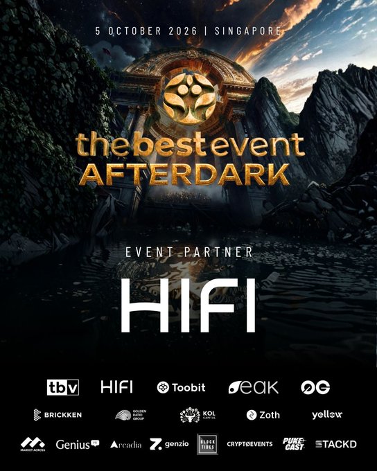 Promotional poster for "the best event AFTERDARK" on 5 October 2026 in Singapore, listing HIFI as the Event Partner alongside various sponsors including TBV, Toobit, Peak, Brickken, Zoth, and others. The image relates to the post by celebrating HIFI's $37 million raise and their partnership role at the upcoming crypto/finance industry event.