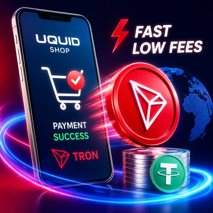 The image shows a smartphone displaying the UQUID Shop app with a shopping cart and a "PAYMENT SUCCESS" confirmation alongside the TRON logo, accompanied by text reading "FAST" and "LOW FEES" next to a stylized TRON coin and stacked USDT tokens against a glowing blue and red background. The visuals reinforce the post's message by emphasizing TRON's speed and low-cost transactions as key benefits for small payments like mobile top-ups on UQUID Shop.