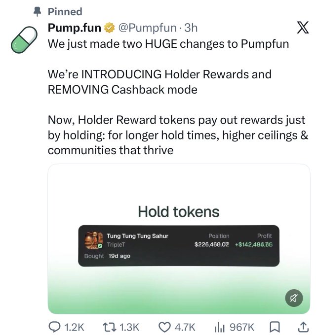A pinned tweet from Pump.fun announcing the introduction of Holder Rewards and removal of Cashback mode, showing a token holding position for 'Tung Tung Tung Sahur'.