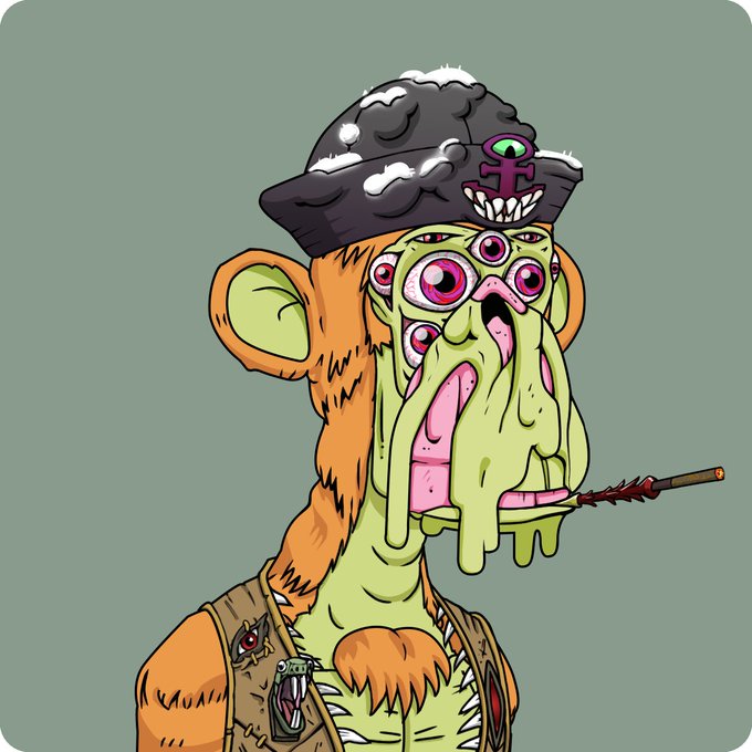 The image features a cartoon character wearing an orange shirt, hat, and vest with a pirate's hat. The character has a face painted like a human being, giving them a unique appearance. The background of the image is green, which contrasts with the character's outfit. There are two posts in the image, one titled "如果你是讲中文的猴子。但我没有follow你，那是我的问题。 请留言我 follow 也是猴子吗? bored ape yacht club". The character is wearing a pirate's hat and has a face painted on it, giving them a unique appearance.

The image also contains text that reads "如果你是讲中文的猴子。但我没有follow你，那是我的问题。 请留言我 follow 也是猴子吗? bored ape yacht club". The character is wearing a pirate's hat and has a face painted on it, giving them a unique appearance.

The image also contains text that reads "如果你是讲中文的猴子。但我没有follow你，那是我的问题。请留言我 follow 也是猴子吗? bored ape yacht club".