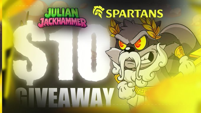 A cartoon character, dressed as a cat with a golden crown and red eyes, holds a scepter against a black background, accompanied by the text "JULIAN JACKHAMMER $10 GIVEAWAY".