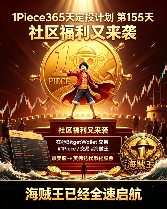 A promotional graphic for the '1Piece 365天定投计划' featuring a cartoon anime character on a golden coin, with Chinese text advertising BitgetWallet community benefits and stock incentives.