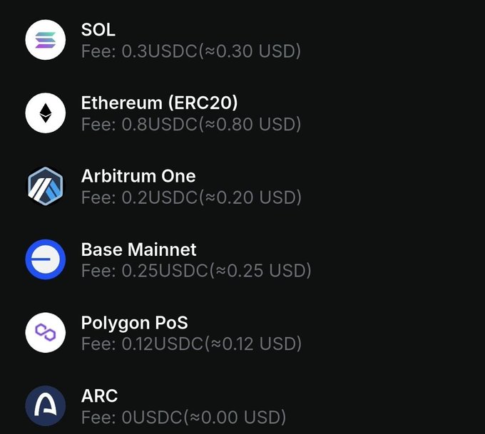 A screenshot listing transaction fees across various blockchains—SOL ($0.30), Ethereum ERC20 ($0.80), Arbitrum One ($0.20), Base Mainnet ($0.25), Polygon PoS ($0.12), and ARC ($0.00)—with ARC highlighted as the only zero-fee choice, illustrating the joke about users seeking out the cheapest stablecoin transfer options like Bybit's fee-free USDC on the Arc chain.
