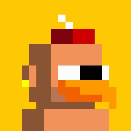 A low-resolution pixel art image showing a brown character with a red hat, orange beard, and white sunglasses against a yellow background.
